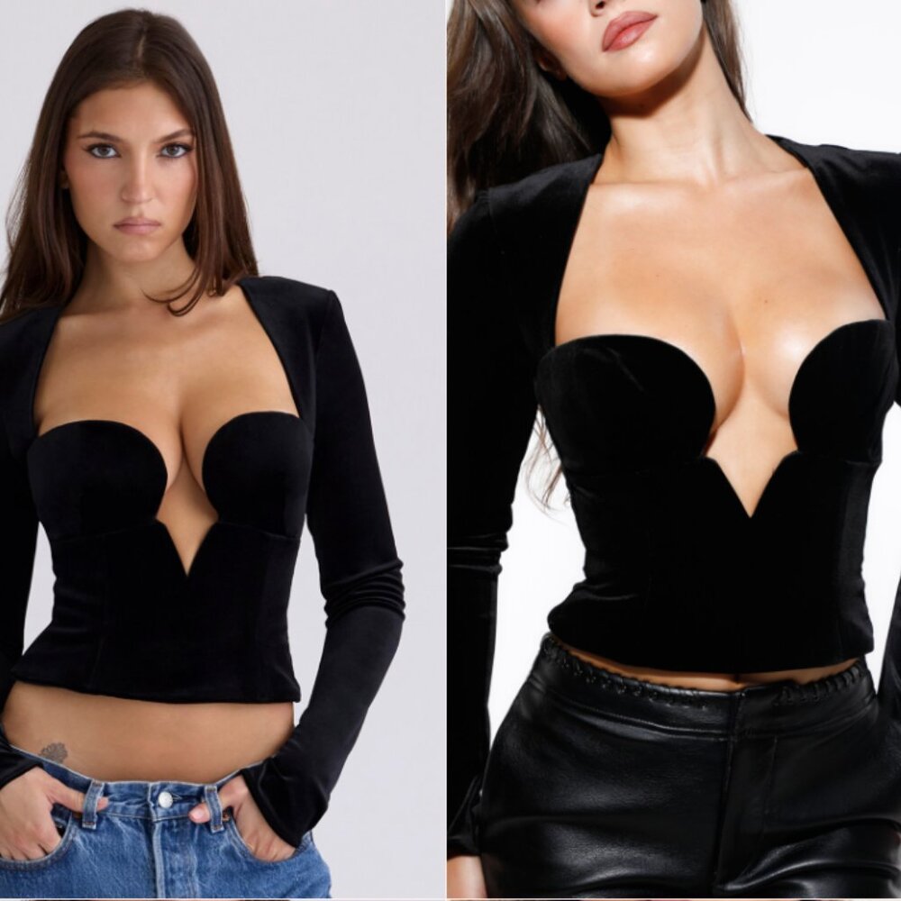 HOUSE OF CB 'Sierra' Black Velvet Deep Plunge Corset Top NWOT